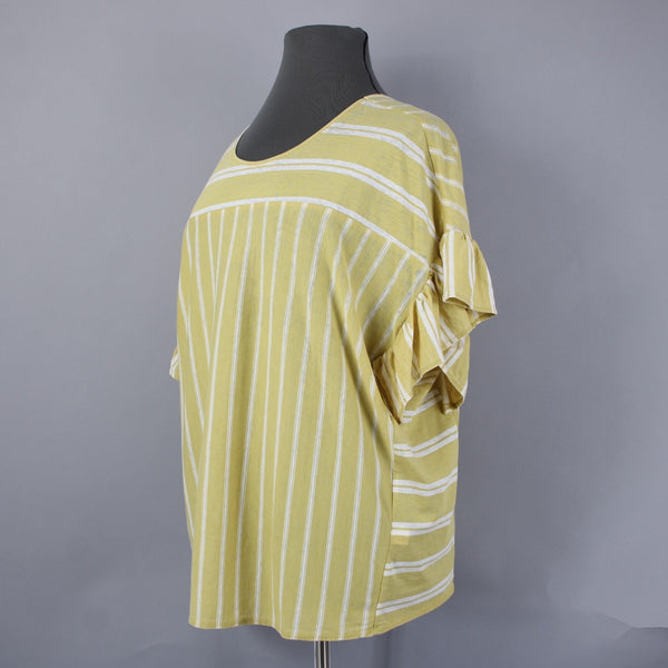 Lucky Brand NEW $50 Sz 2X Yellow White Ruffle Sleeves Striped Cotton Poly Top