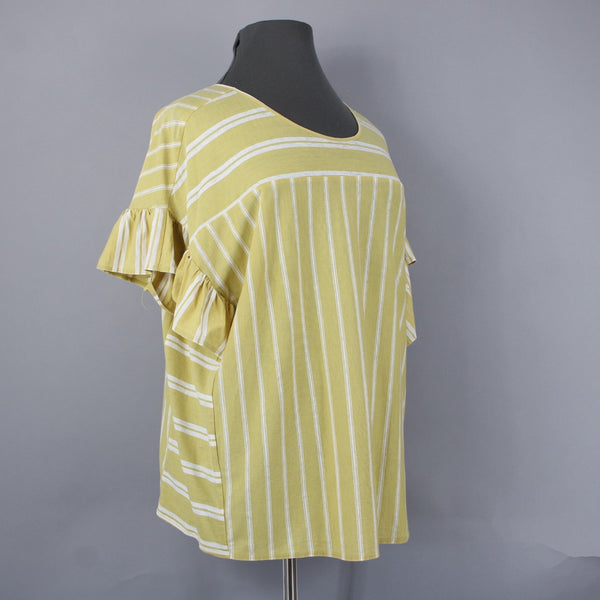 Lucky Brand NEW $50 Sz 2X Yellow White Ruffle Sleeves Striped Cotton Poly Top