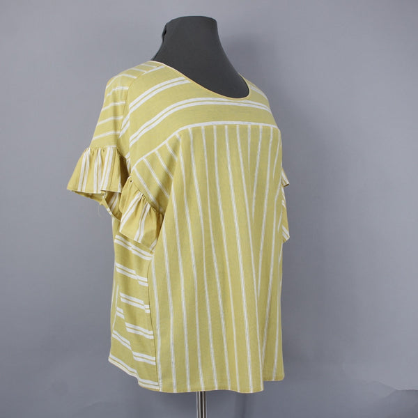 Lucky Brand NEW $50 Sz 2X Yellow White Ruffle Sleeves Striped Cotton Poly Top