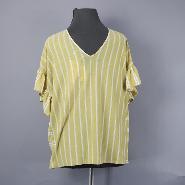Lucky Brand NEW $50 Sz 2X Yellow White Ruffle Sleeves Striped Cotton Poly Top