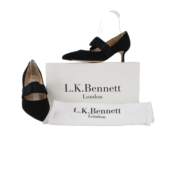 LK Bennett Heels Sz 36 Black Slip On Strap Suede Elastic 2" Heels
