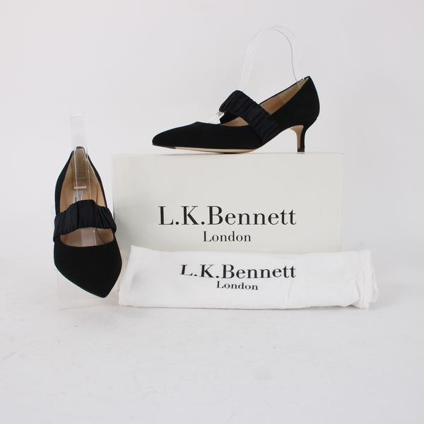 LK Bennett Heels Sz 36 Black Slip On Strap Suede Elastic 2" Heels