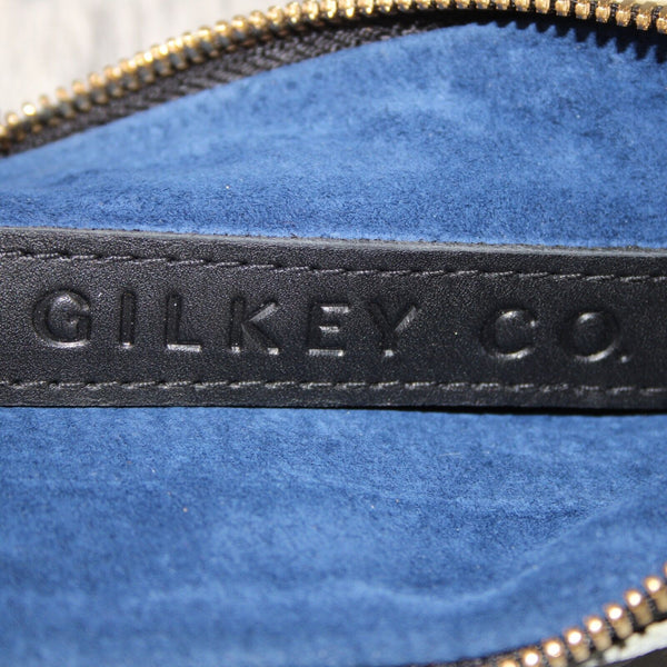Gilkey Co 8.5 x 6 x 1 White Black Calf Hair Blue Suede Lined Wristlet Purse