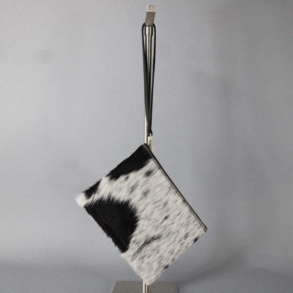 Gilkey Co 8.5 x 6 x 1 White Black Calf Hair Blue Suede Lined Wristlet Purse