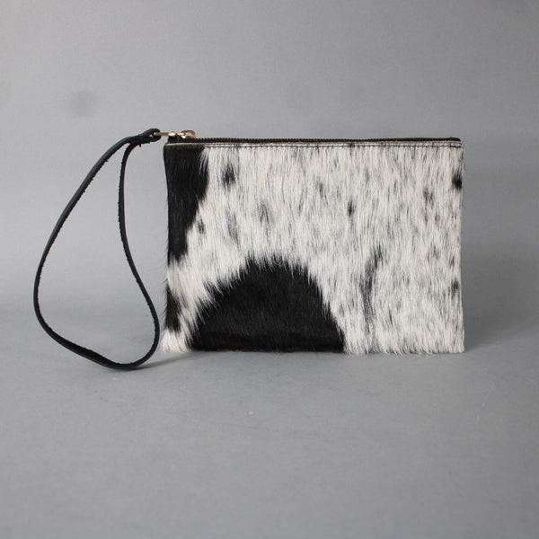 Gilkey Co 8.5 x 6 x 1 White Black Calf Hair Blue Suede Lined Wristlet Purse