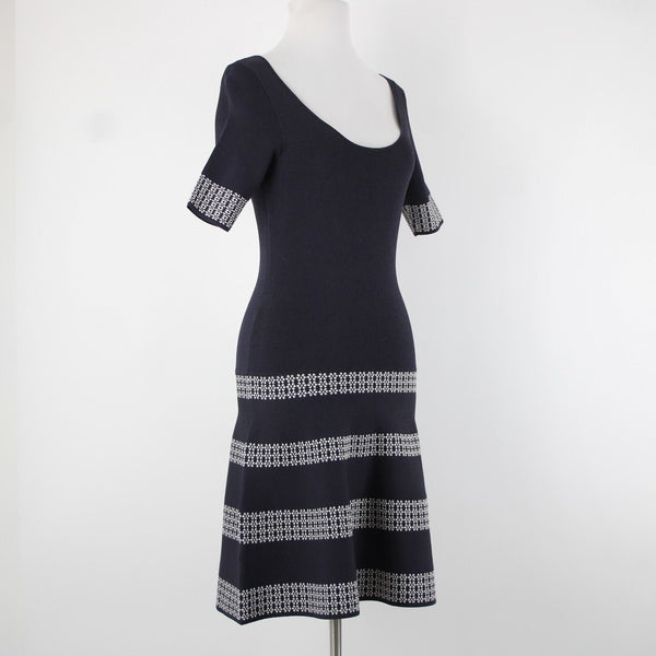 Ann Taylor NEW $149 Sz XS Blue White Tight Knit Fit Flare Rayon Nylon Dress