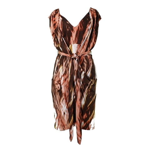 BCBGMaxazria Sz M Brown Peach Multi Self Belt Drape Front Rayon Blend Knit Dress