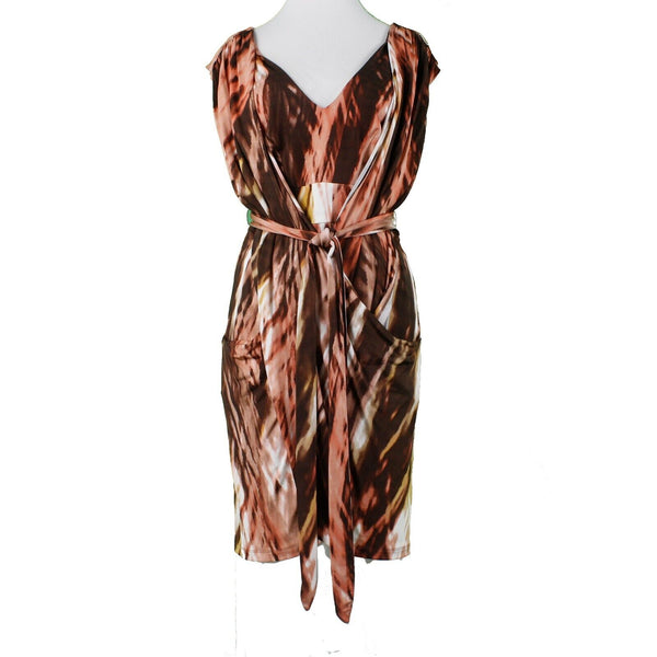 BCBGMaxazria Sz M Brown Peach Multi Self Belt Drape Front Rayon Blend Knit Dress