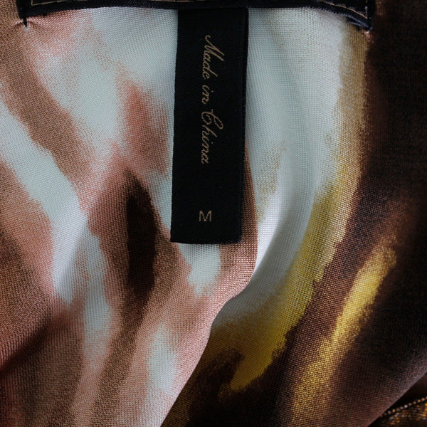 BCBGMaxazria Sz M Brown Peach Multi Self Belt Drape Front Rayon Blend Knit Dress