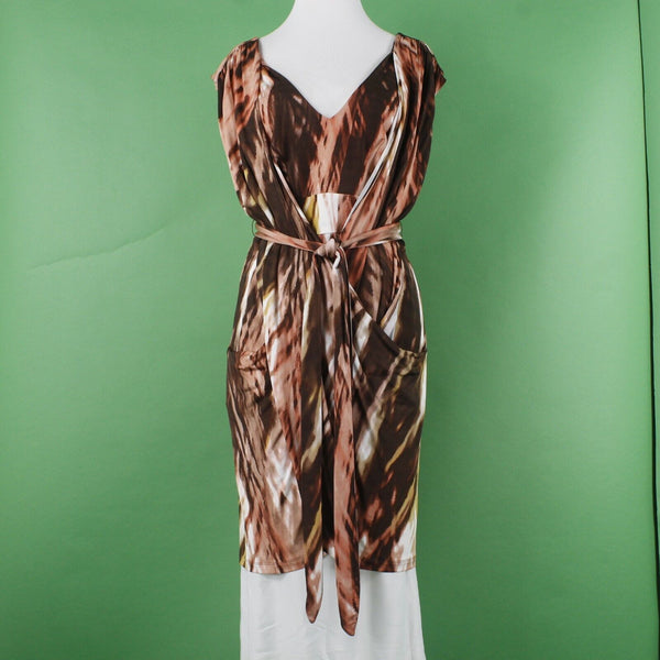 BCBGMaxazria Sz M Brown Peach Multi Self Belt Drape Front Rayon Blend Knit Dress