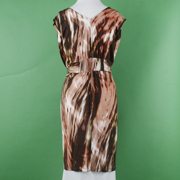 BCBGMaxazria Sz M Brown Peach Multi Self Belt Drape Front Rayon Blend Knit Dress
