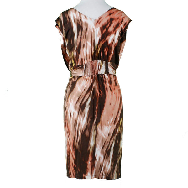BCBGMaxazria Sz M Brown Peach Multi Self Belt Drape Front Rayon Blend Knit Dress