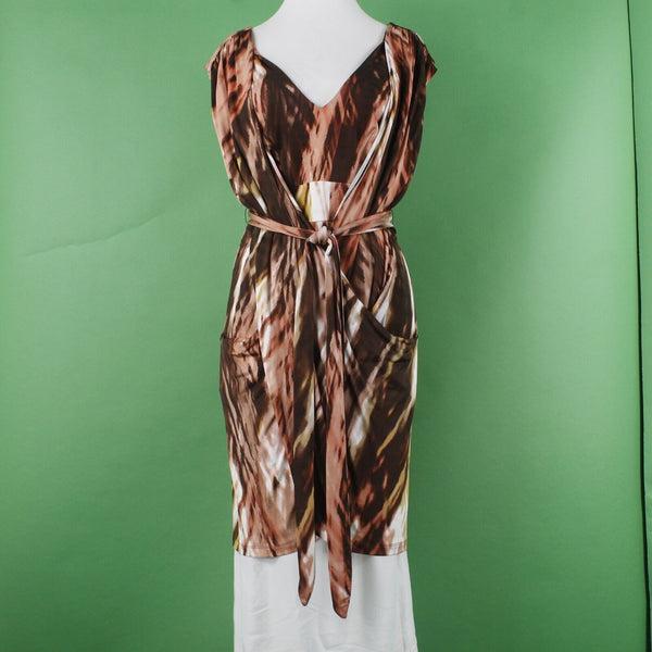 BCBGMaxazria Sz M Brown Peach Multi Self Belt Drape Front Rayon Blend Knit Dress