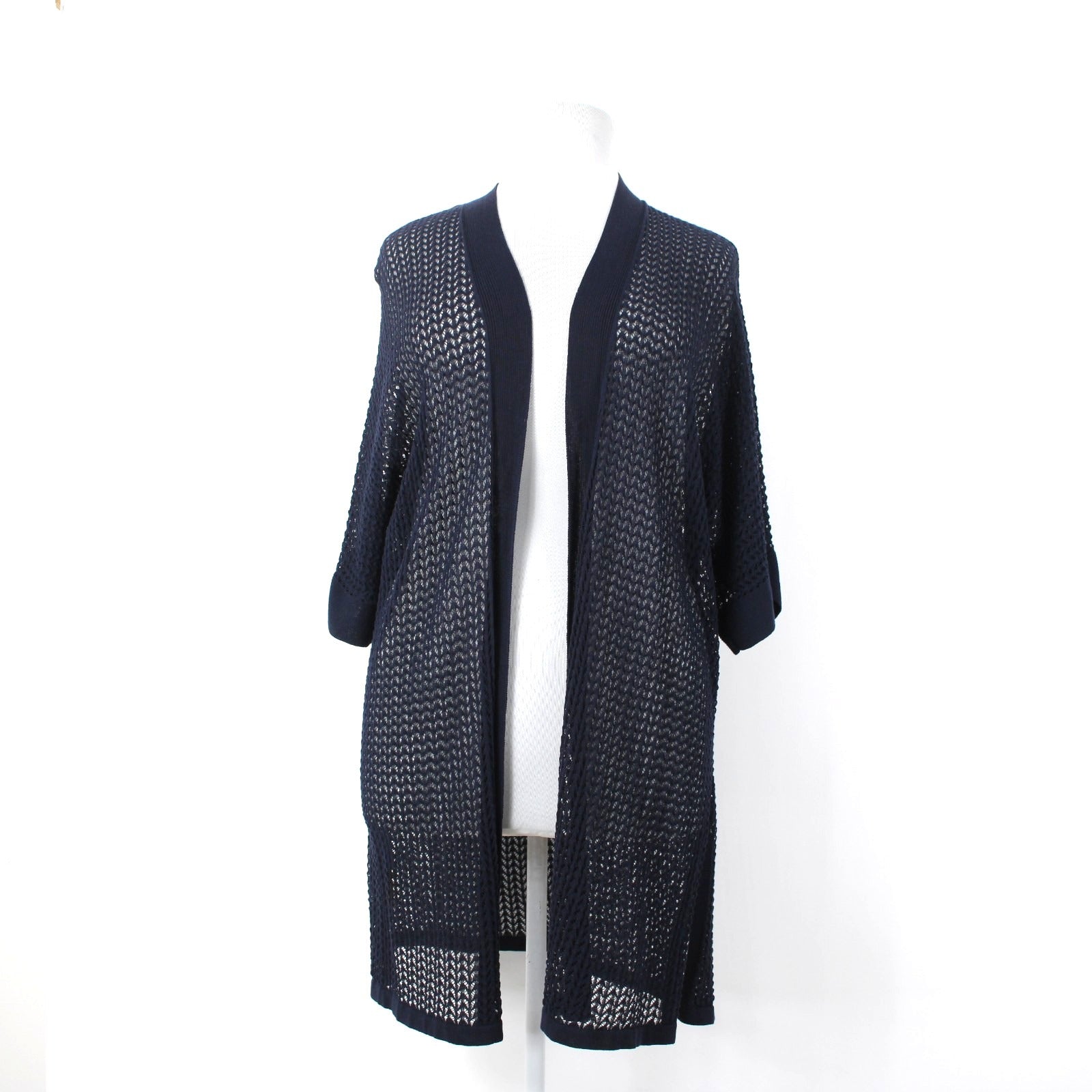 Chicos NEW $109 Sz 4 Classic Navy Blue Open Stitch Cotton Blend  Long Cardigan