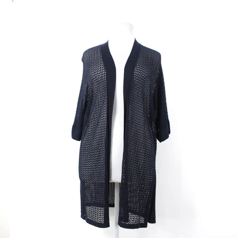 Chicos NEW $109 Sz 4 Classic Navy Blue Open Stitch Cotton Blend  Long Cardigan