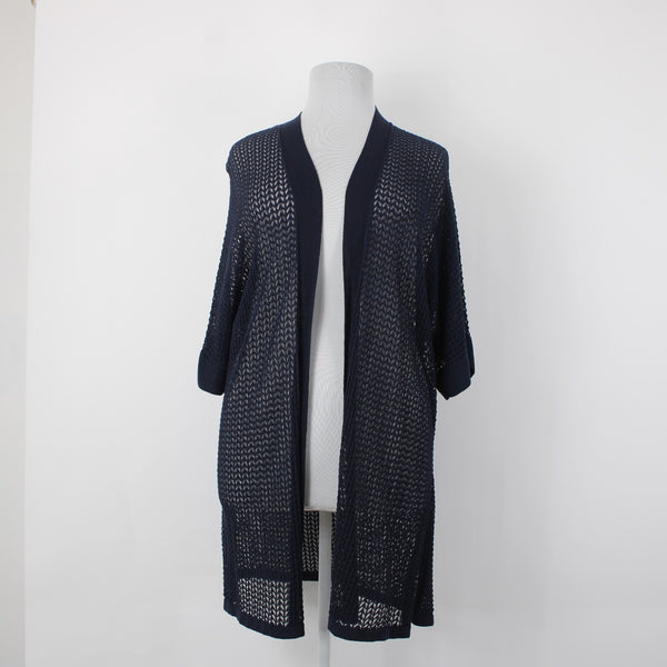 Chicos NEW $109 Sz 4 Classic Navy Blue Open Stitch Cotton Blend  Long Cardigan