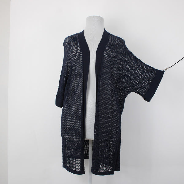 Chicos NEW $109 Sz 4 Classic Navy Blue Open Stitch Cotton Blend  Long Cardigan