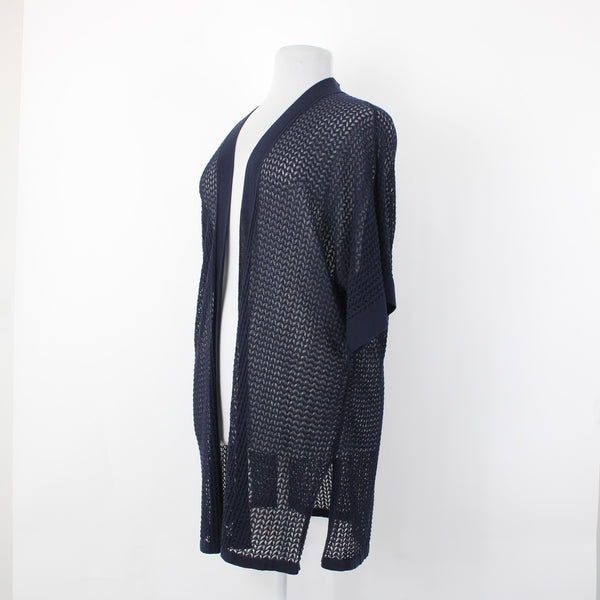 Chicos NEW $109 Sz 4 Classic Navy Blue Open Stitch Cotton Blend  Long Cardigan