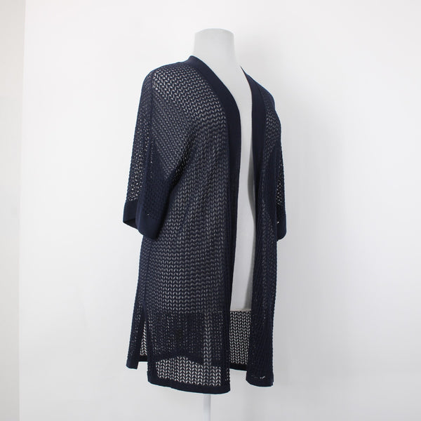 Chicos NEW $109 Sz 4 Classic Navy Blue Open Stitch Cotton Blend  Long Cardigan