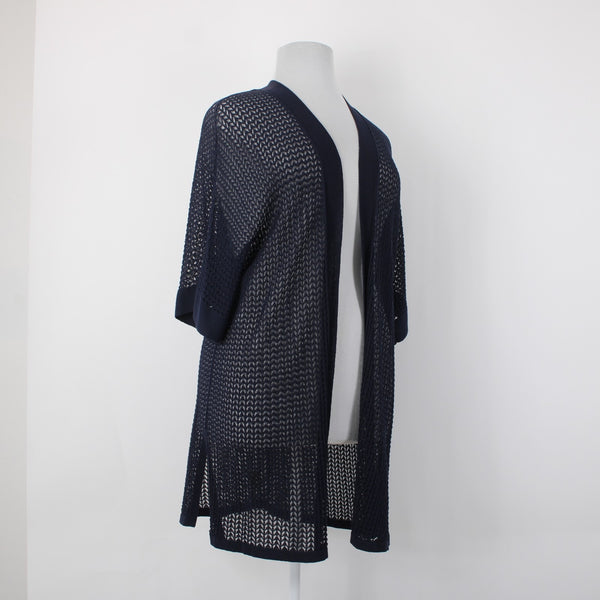 Chicos NEW $109 Sz 4 Classic Navy Blue Open Stitch Cotton Blend  Long Cardigan