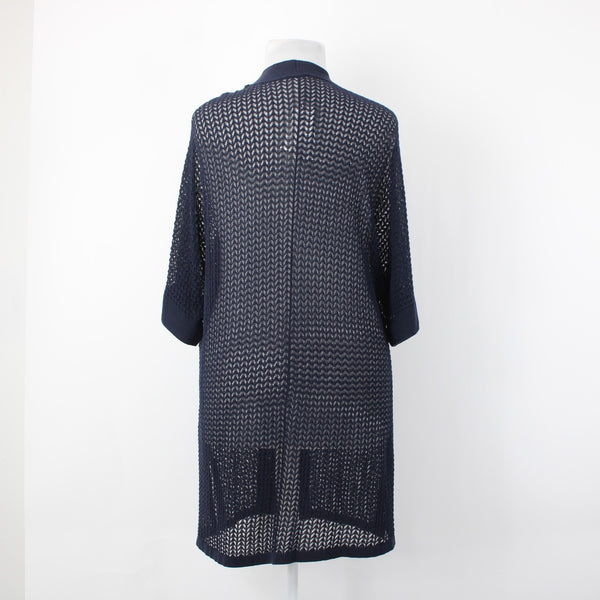 Chicos NEW $109 Sz 4 Classic Navy Blue Open Stitch Cotton Blend  Long Cardigan