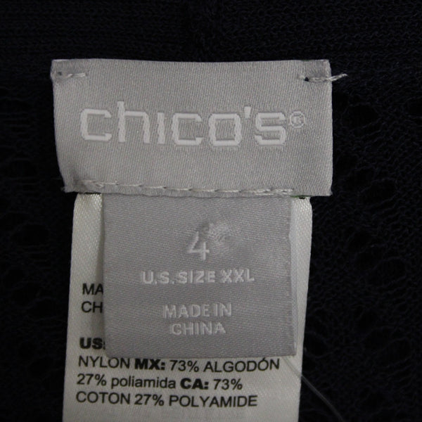 Chicos NEW $109 Sz 4 Classic Navy Blue Open Stitch Cotton Blend  Long Cardigan