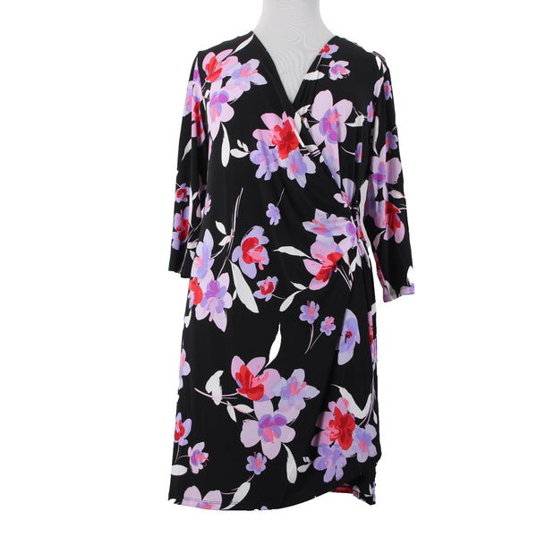 Calvin Klein Dress NEW $110 Sz 2x Black Purple Multi Color Floral Faux Wrap Poly