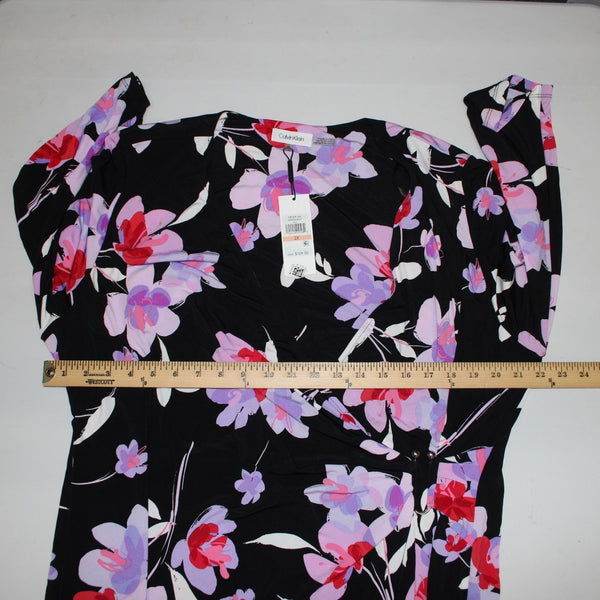 Calvin Klein Dress NEW $110 Sz 2x Black Purple Multi Color Floral Faux Wrap Poly