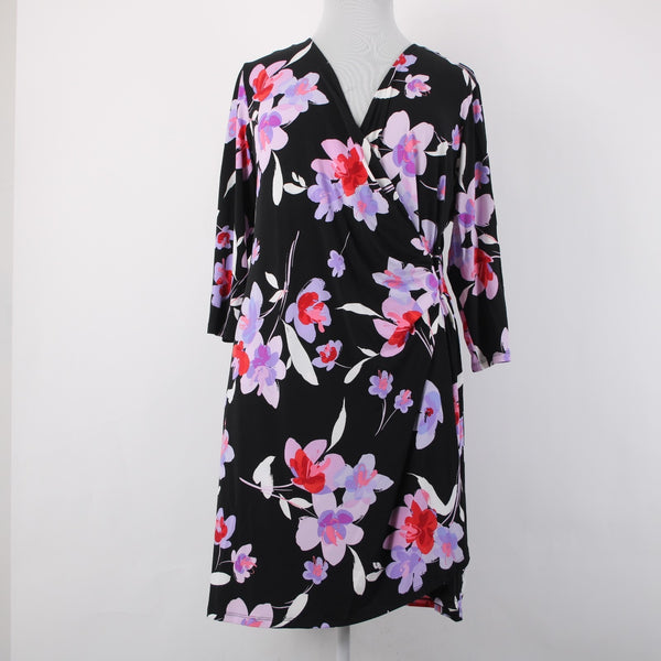 Calvin Klein Dress NEW $110 Sz 2x Black Purple Multi Color Floral Faux Wrap Poly