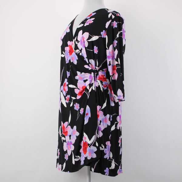 Calvin Klein Dress NEW $110 Sz 2x Black Purple Multi Color Floral Faux Wrap Poly