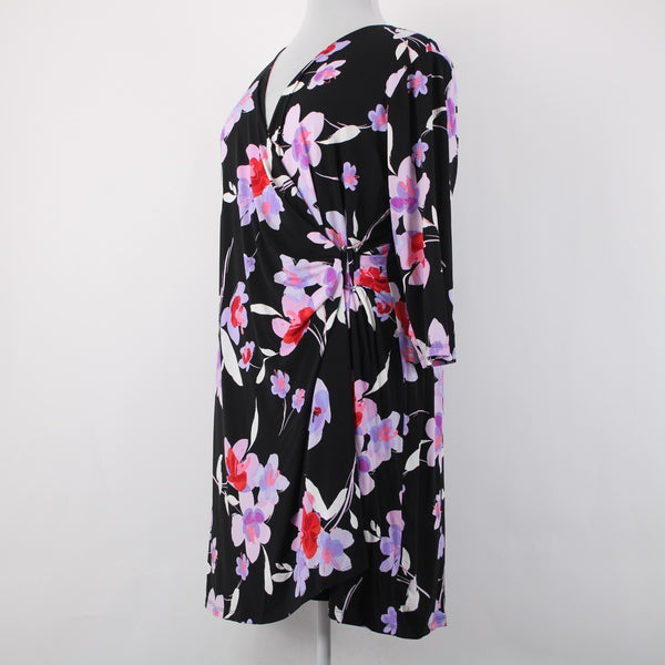Calvin Klein Dress NEW $110 Sz 2x Black Purple Multi Color Floral Faux Wrap Poly