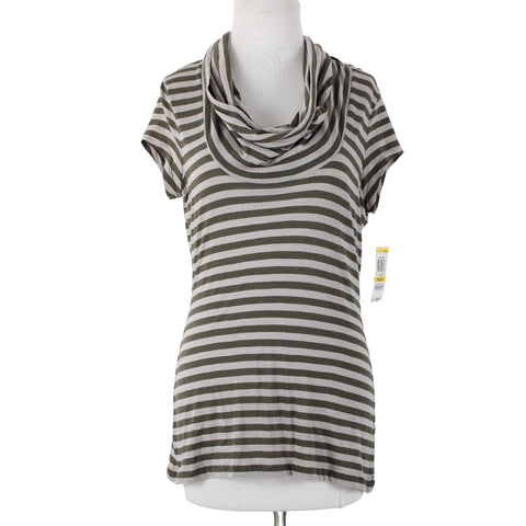 INC NEW $49 Utility Chic Sz M Green Tan Striped Cowl Neck Jersey Knit Top