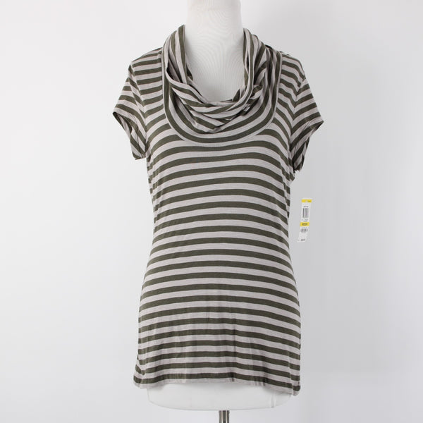 INC NEW $49 Utility Chic Sz M Green Tan Striped Cowl Neck Jersey Knit Top