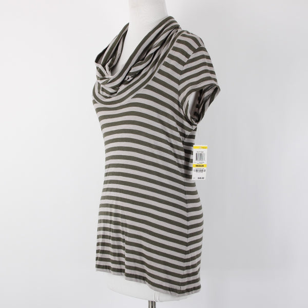 INC NEW $49 Utility Chic Sz M Green Tan Striped Cowl Neck Jersey Knit Top