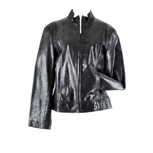 Adler Collection Sz L Black Reptile Print Collared Pockets Lined Leather Jacket