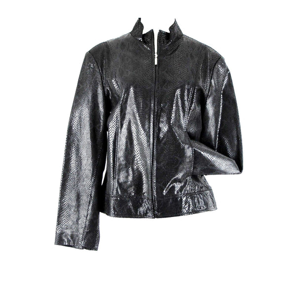 Adler Collection Sz L Black Reptile Print Collared Pockets Lined Leather Jacket