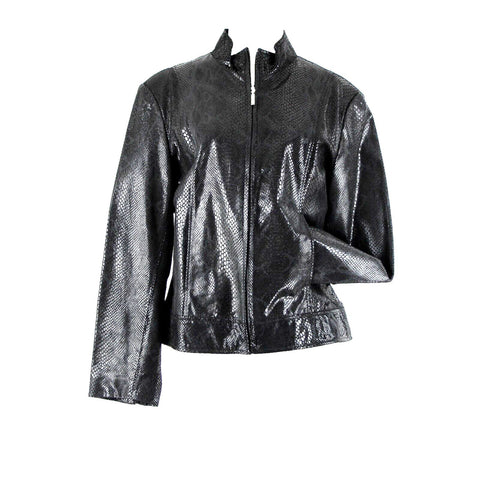 Adler Collection Sz L Black Reptile Print Collared Pockets Lined Leather Jacket