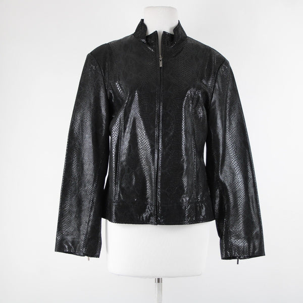 Adler Collection Sz L Black Reptile Print Collared Pockets Lined Leather Jacket