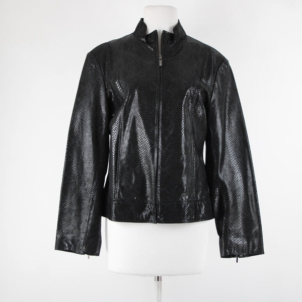 Adler Collection Sz L Black Reptile Print Collared Pockets Lined Leather Jacket