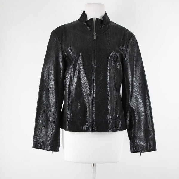 Adler Collection Sz L Black Reptile Print Collared Pockets Lined Leather Jacket
