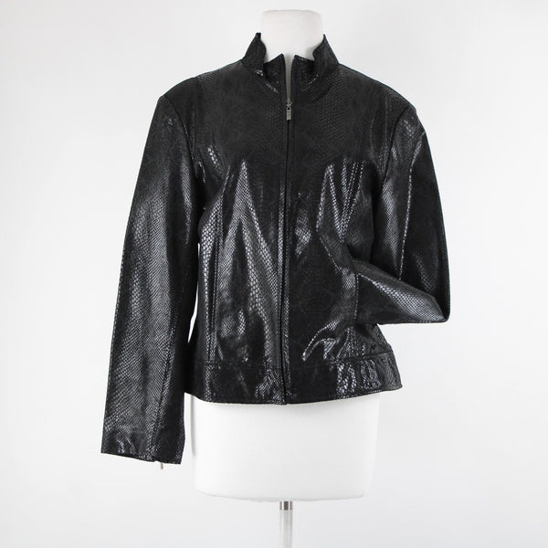 Adler Collection Sz L Black Reptile Print Collared Pockets Lined Leather Jacket