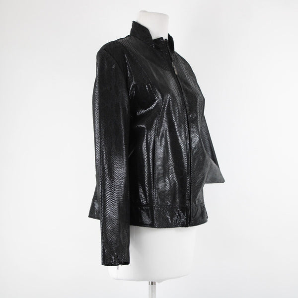 Adler Collection Sz L Black Reptile Print Collared Pockets Lined Leather Jacket