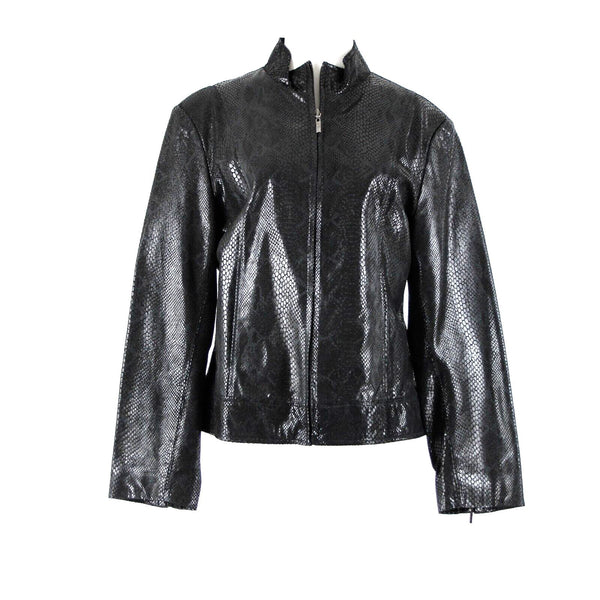 Adler Collection Sz L Black Reptile Print Collared Pockets Lined Leather Jacket