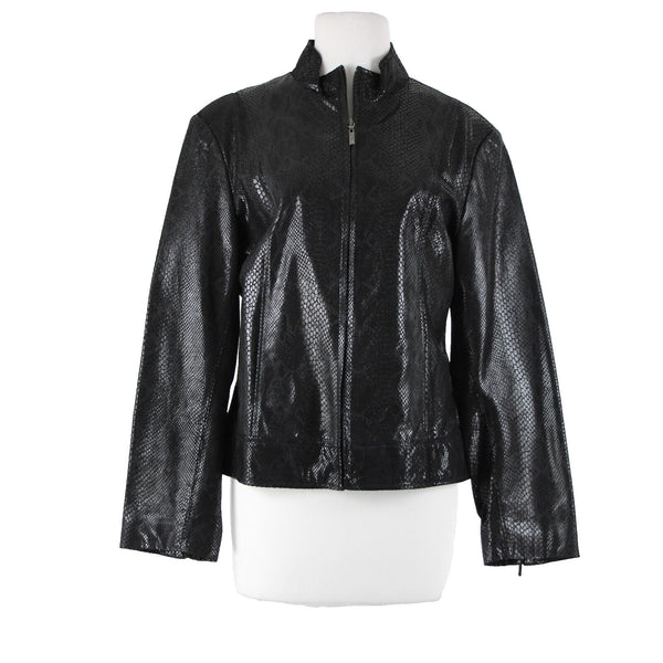 Adler Collection Sz L Black Reptile Print Collared Pockets Lined Leather Jacket