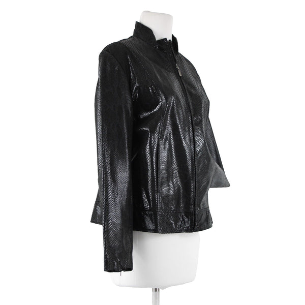 Adler Collection Sz L Black Reptile Print Collared Pockets Lined Leather Jacket