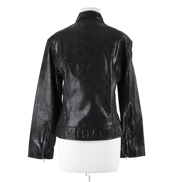 Adler Collection Sz L Black Reptile Print Collared Pockets Lined Leather Jacket