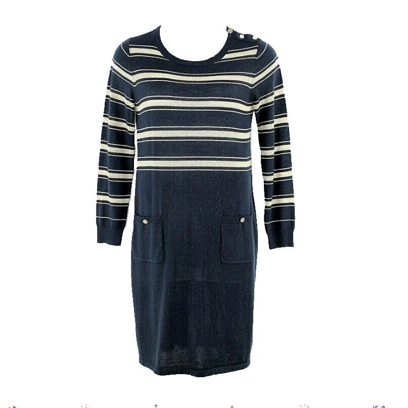 Ellen Tracy Sz L Navy Gold Acrylic Wool Blend Pocketed Knit Dress
