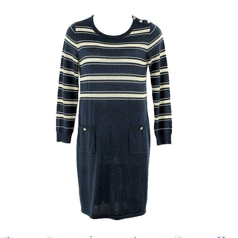 Ellen Tracy Sz L Navy Gold Acrylic Wool Blend Pocketed Knit Dress