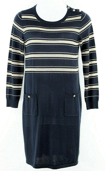 Ellen Tracy Sz L Navy Gold Acrylic Wool Blend Pocketed Knit Dress