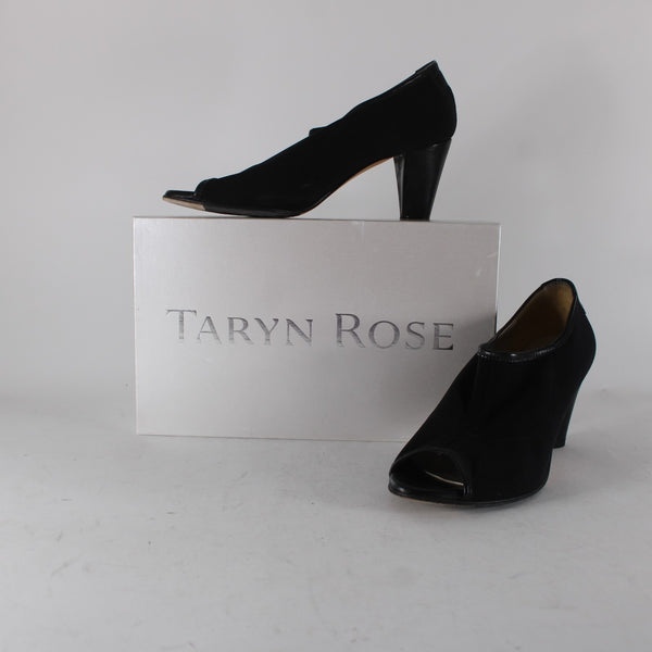 Taryn Rose Heels Sz 38 Black Open Toe Ankle Micro Fiber Leather Sole 3" Heels